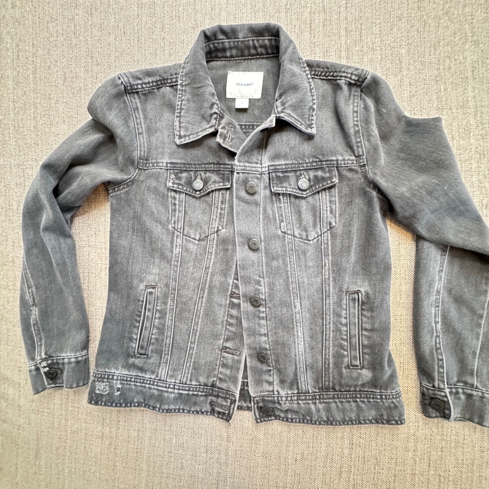 Old Navy Womens Distressed Black Denim Trucker Jacket Size S Gray Washed